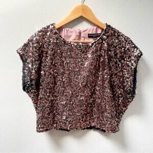 ALLEN SCHWARTZ Pink Sequin Short Sleeve Draped Crop Top Women’s XS $270
